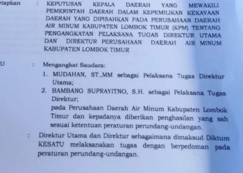 Disoal Pengangkatan Mantan Dirut PDAM Lombok Timur Jadi PLT Direktur