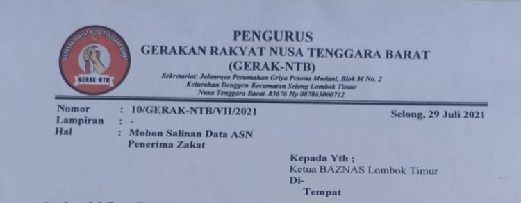 Minta Data ASN Ghorimin, Gerak NTB Layangkan Surat Ke Baznas Lotim
