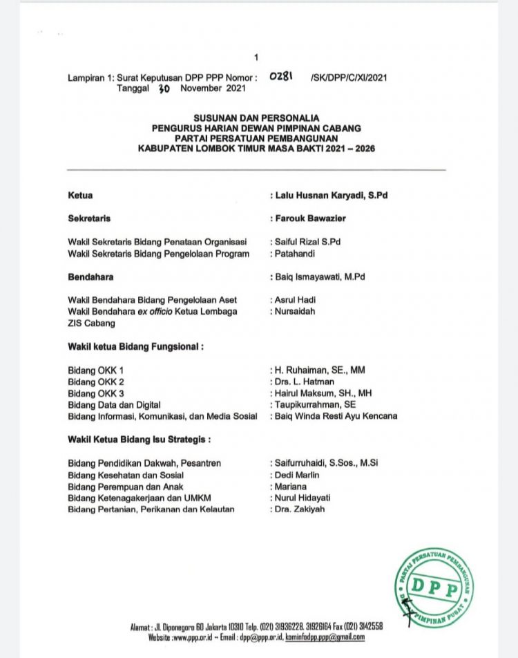 SK Pengurus DPC PPP Lotim Hanya Berlaku 6 Bulan, Bisa Berlanjut Hasil Evaluasi
