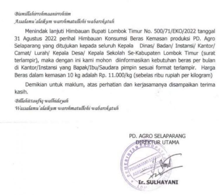 Bupati Himbau ASN Beli Beras di PD Agro Selaparang,Direksi Keluarkan Edaran