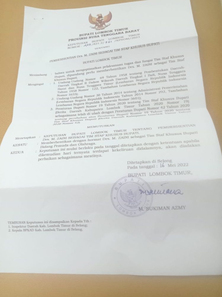 Fatal! SK Pemberhentian Stafsus Bupati Lotim Tahun 2023, Penetapan 2022‎