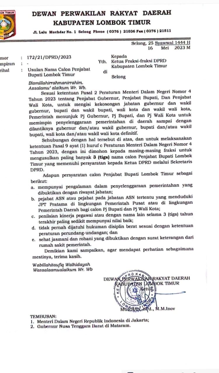 Dua Fraksi DPRD Lotim Baru Usulkan Nama Penjabat Bupati