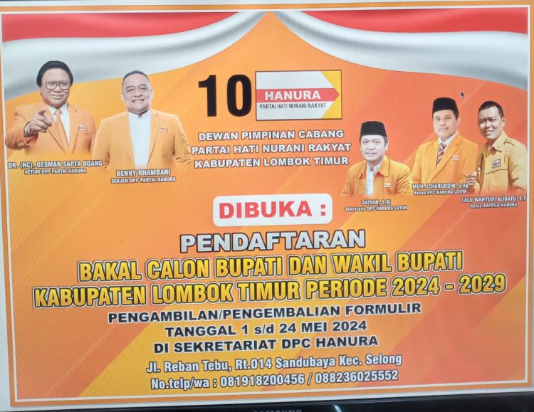 Buka Pendaftaran Cabup dan Cawabup Lotim, Partai Hanura Berikan Peluang Samua
