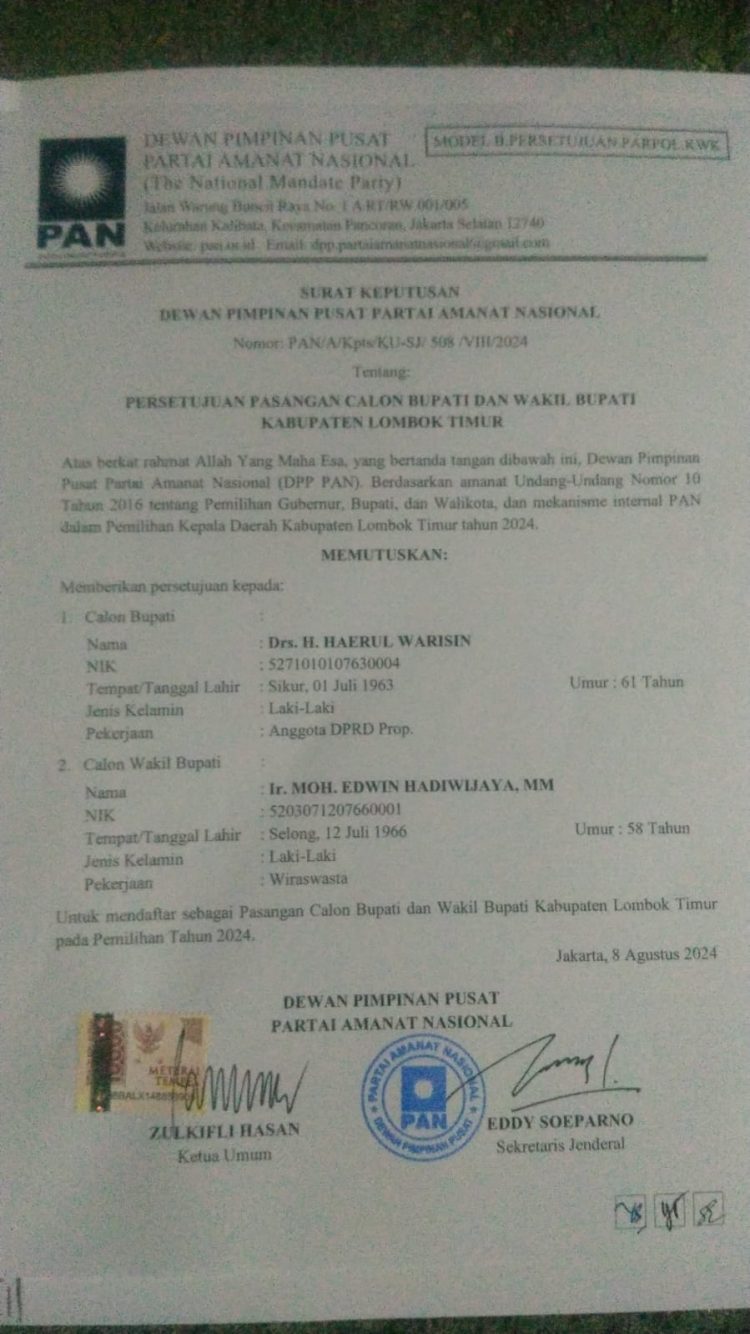 DPP PAN Keluarkan B1KWK kepada Paslon Iron-Edwin