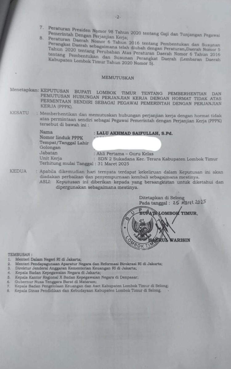 Viral di Medsos, SK Bupati Lotim Berhentikan Guru PPPK