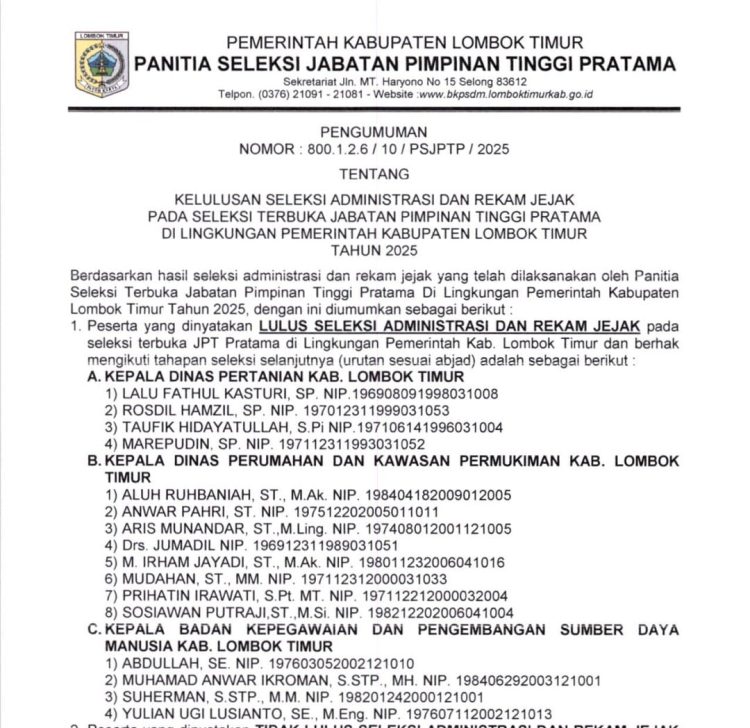 Calon JPT Pratama Kadis Perkim Lotim Tinggi Peminat