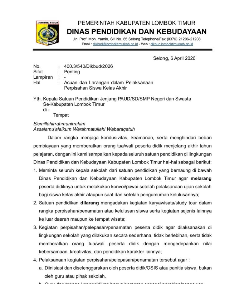 Dikbud Lombok Timur Larang Konvoi, Study Tour, dan Pungutan Perpisahan