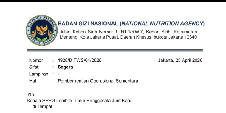 Imbas Kasus MBG Pringgasela, Operasional SPPG Dihentikan Sementara oleh BGN